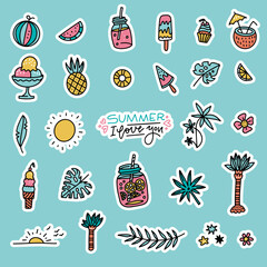 Summer set of design elements tropical leaves, flowers, fruits, cocktails and icecream. Vector color line doodle illustration with lettering Summer I love you.