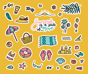Set of fashion patches, cute colorful badges in doodle style, fun cartoon icons design vector in summer holidays concept. Beach items stickers collection.
