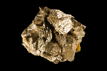 Mineral stone isolated on black background. Golden Pyrite mineral on a black background, close up. Mineral stone pattern and texture. Selective focus