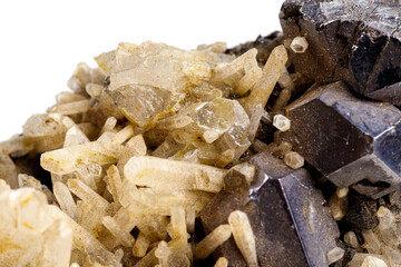 macro stone mineral quartz with galena on a white background