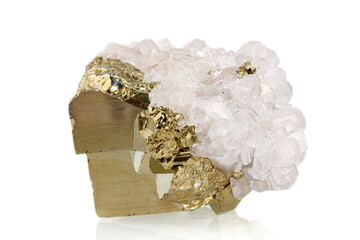 macro stone mineral pyrite with calcite on a white background