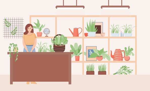 Young saleswoman standing in flower shop vector flat illustration. Flowers and plants in pots. Woman in casual clothes sales garden tools and natural decorative house plants.