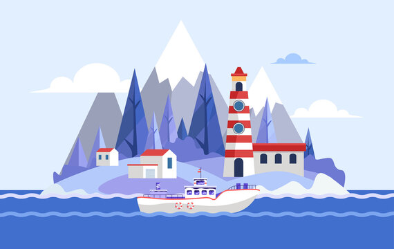Seaside with red and white striped lighthouse and yacht vector flat illustration. Ocean or sea beach view. Landscape with hills, boat, forest. Enjoy summer vacation, perfect holiday concept.