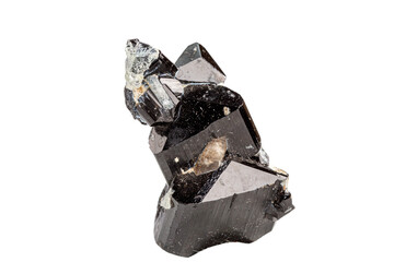 macro black mineral Tourmaline stone with aquamarine on a white background