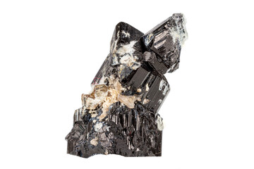 macro black mineral Tourmaline stone with aquamarine on a white background