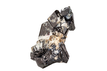 macro black mineral Tourmaline stone with aquamarine on a white background