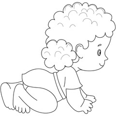 Pretty Crawling Baby Kid Isolated. Socialization, Infancy. Diapers. Black and white vector illustration for coloring book. crawl.