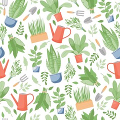 Gardening and farming seamless pattern. Green plants in pots, garden tools, watering can, and leaves vector flat illustration. Ecological, agriculture gardener hobby and garden job backdrop design. © Pavlo Plakhotia