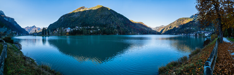 Autumn morning alpine Dolomites mountain lake Alleghe, Belluno, Sudtirol, Italy