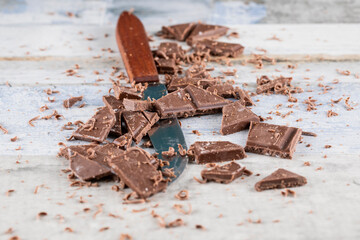 Chocolate chopped with a knife