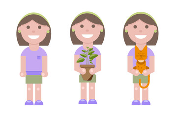 Set of characters- Happy young girl, girl with a flower in a pot, girl with a red orange cat. Flat vector illustration isolated on white.