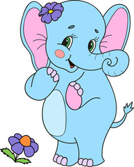 Coloring page outline of cartoon smiling cute girl elephant. Colorful vector illustration, summer coloring book for kids.