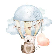 Cute cartoon baby bear animal hand drawn watercolor bunny illustration with air balloon. kids nursery wear fashion design, baby shower invitation card. - obrazy, fototapety, plakaty