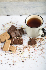 Milk and dark chocolate with a cup of tea