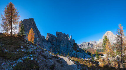 Autumn Dolomites mountain scene, Sudtirol, Italy. Cinque Torri (Five towers) rock formation.