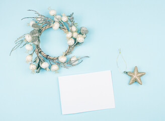 Flatlay Christmas. Holiday christmas background. New Year's and Christmas. Christmas card background with christmas wreath. Star. View from above. Place for text