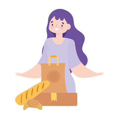 safe delivery at home during coronavirus covid 19 , customer woman with bakery food