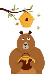 Card with cute cartoon bear holding jar with honey and bees in a hive. Vector illustration