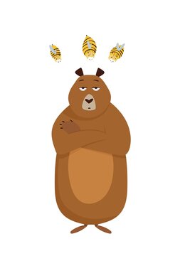 Card with cute cartoon bear and annoying bees concept. Vector illustration