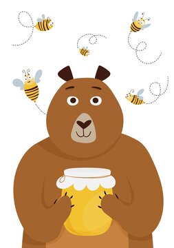 Card with cute cartoon bear holding a honey jar and bees. Vector illustration