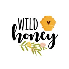 Wild honey label isolated on white background. Vector illustration with text