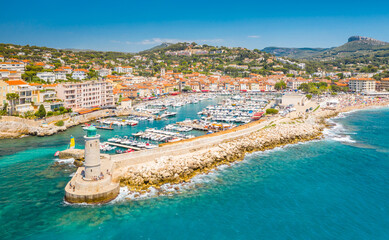 Panoramic view of the fishing village of Cassis near Marseille, Provence, South France, Europe,...