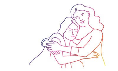Mom hugs daughter, family time. Rainbow colours in linear vector illustration.