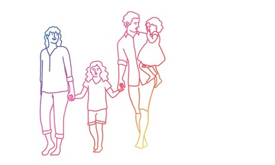 Happy family father, mother and two daughters. Rainbow colours in linear vector illustration.