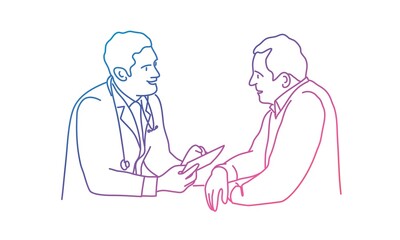Doctor with male patient. Rainbow colours in linear vector illustration.