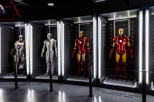LAS VEGAS, NV, USA - SEP 20, 2017: Iron Man costumes at the Tony Stark base at the Avengers experience in Las Vegas.