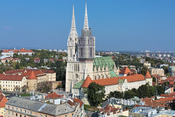 Obraz premium View on Zagreb Cathedral from the observation desk at Zagreb Neboder (Skyscraper), Croatia