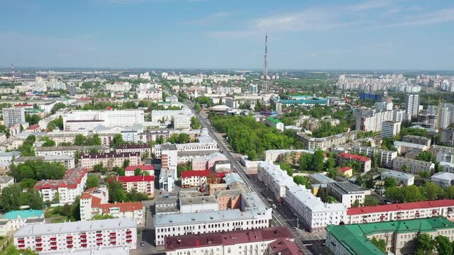 Top Aerial View Of Cityscape. The historic center of Gomel. The red roofs of the city of Gomel. View of the central area of Gomel. Flight over the quarter between Sovetskaya Street and Lenin.
