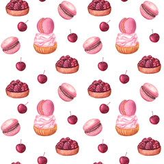 Seamless pattern with rasqebbery tartlet and tart with cream and macaroon. Red and pink color range. Watercolor illustration. Bright and joyful background for cafes, wrapping paper and festive decor.