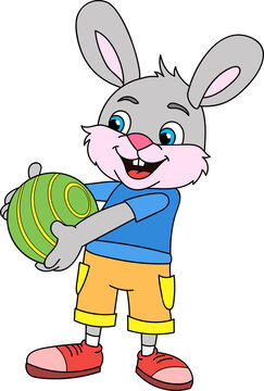 Coloring page outline of cartoon rabbit with the ball. Colorful vector illustration, summer coloring book for kids.