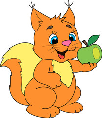 Coloring page outline of cartoon smiling cute squirrel with apple. Colorful vector illustration, summer coloring book for kids.