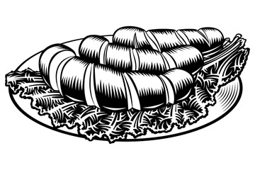 Grilled incised sausages with leaf lettuce on a plate. Traditional beer snack in restaurants and pubs on Oktoberfest. Black and white vector hand drawn illustration in retro inked engraved comic style