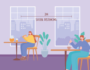 women doing social distancing while eating food alone at tables, covid 19 pandemic, prevention of coronavirus infection