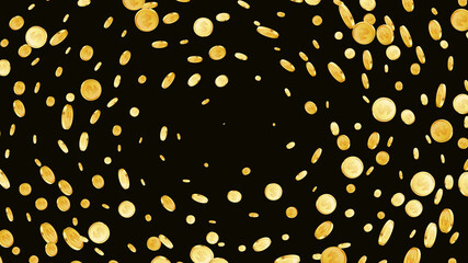 Cash fly, drop or coins rain on black isolated background.