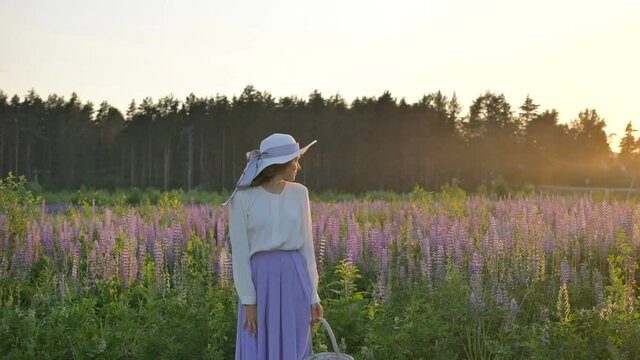 girl in a white hat and skirt with a basket in her hands stands in a lupine field against the background of a fantastic sunset. Romantic image of a girl in a field of flowers