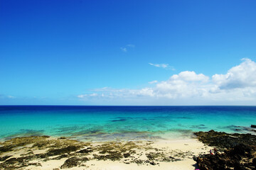 Fototapeta na wymiar Tropical beach, azure ocean water and blue sky. Paradise landscape.
