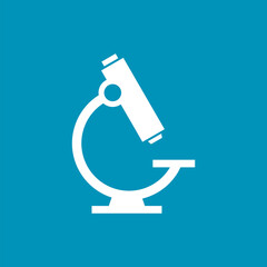 White microscope icon on blue background. Science, medicine concept. Laboratory equipment for magnified view of germs. Microbiology and scientific discovery. Vector illustration, flat, clip art. 