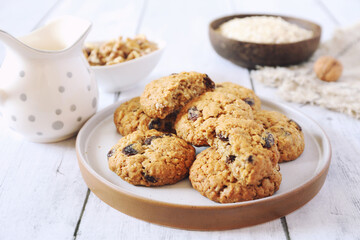 Homemade oatmeal cookies with raisins and walnuts