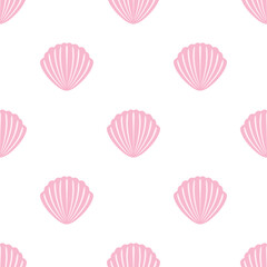 Flat pink seashells on white background. Seamless sea summer pattern. Suitable for textile, packaging.