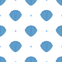 Flat blue seashells with pearls on white background. Seamless ocean bright summer pattern. Suitable for textile, packaging, card.