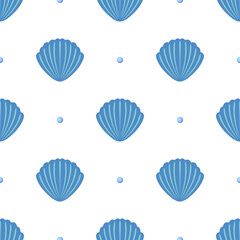 Flat blue seashells with pearls on white background. Seamless ocean bright summer pattern. Suitable for textile, packaging, card.