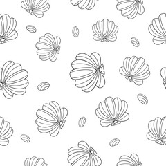 Doodle black seashells with simple decor on white background. Seamless summer ocean doodle pattern. Suitable for textile, packaging, coloring book.