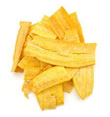 Banana chips on white background
