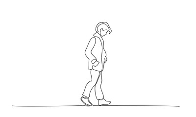 Sad Teenager walking. Continuous one line drawing