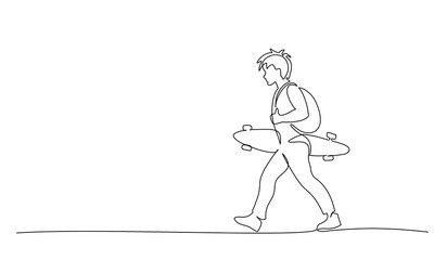 Young boy walking boy with a long board