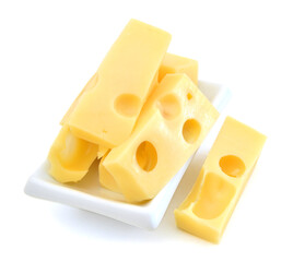 piece of cheese isolated in white plate on a white background